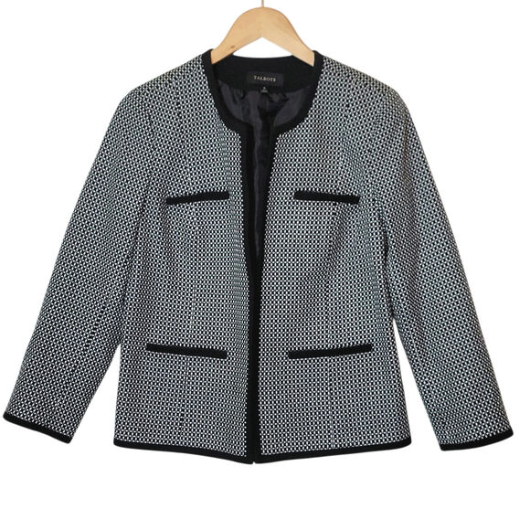 Talbots Black White Print Collarless Open Blazer Office Career Classic Jacket 10 - Picture 16 of 16